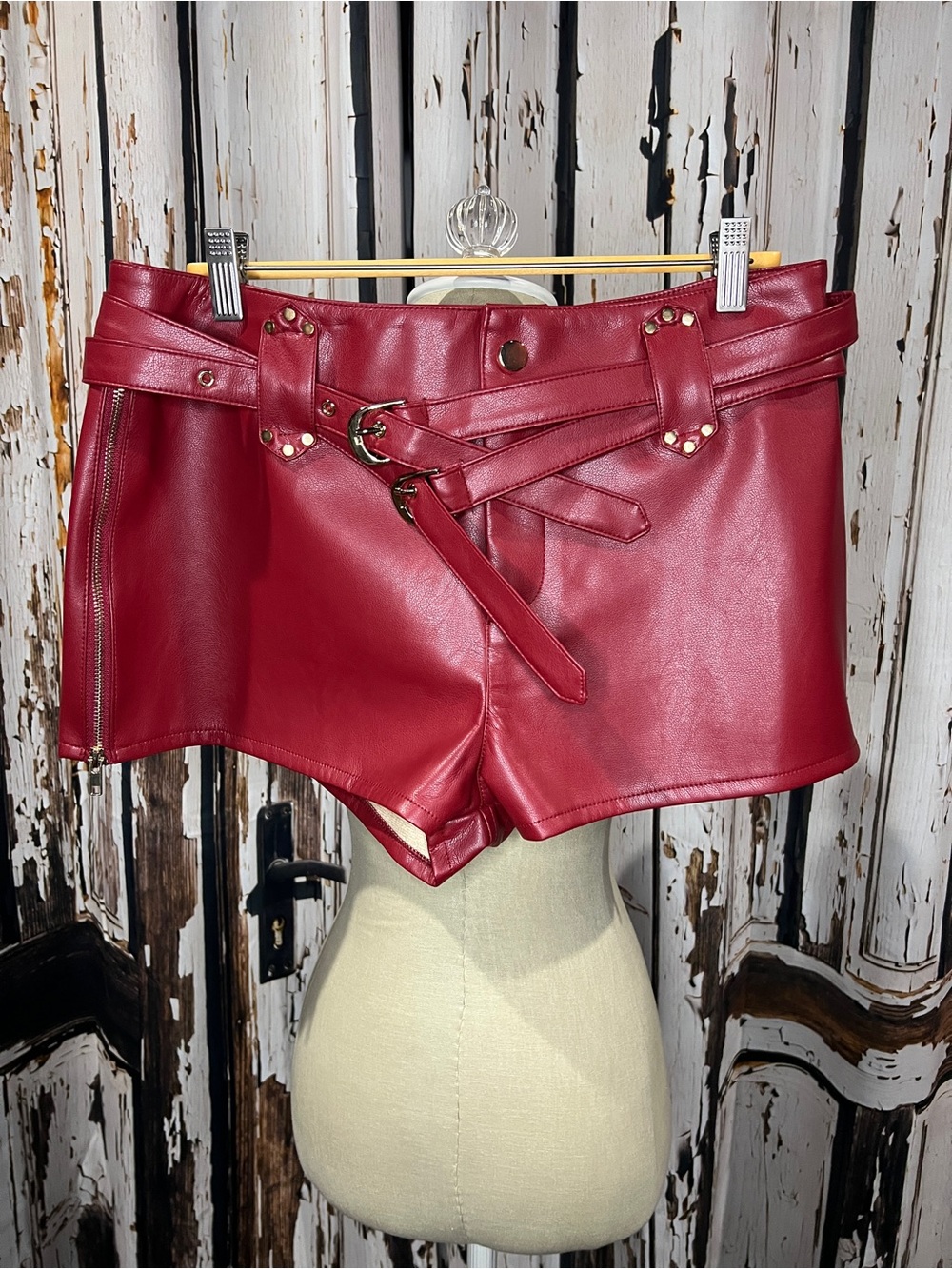 AKIRA Red Faux Leather High-Waist Belted Shorts
